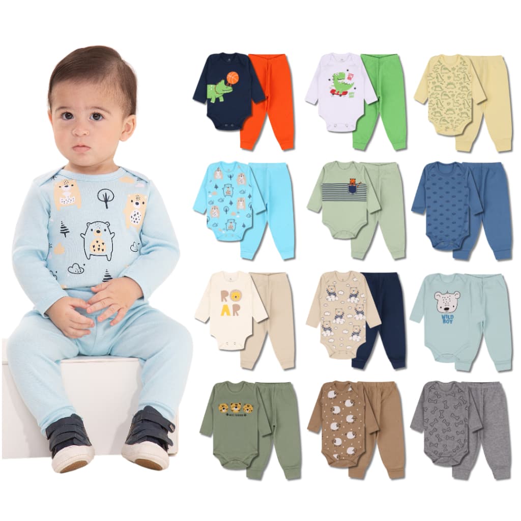 Kit 12 Peças de Roupas para Bebê Menino (6 Body Longo + 6 Calça Mijão)Kit 6 Body Roupa Infantil Bebê