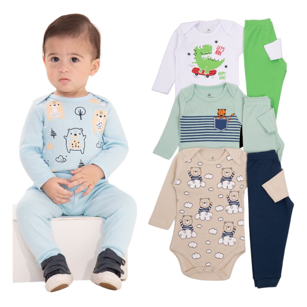 Kit 4 Peças de Roupas para Bebê Menino (2 Body Longo + 2 Calça Mijão) Kit 2 Body Roupa Infantil Bebê