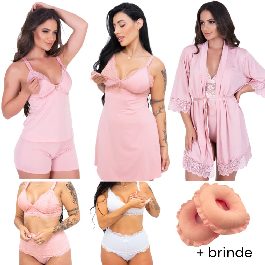 Kit Pós Parto, Short Doll e Camisola, Sutiã e Calcinha de Amamentação Robe e Protetor de Seios