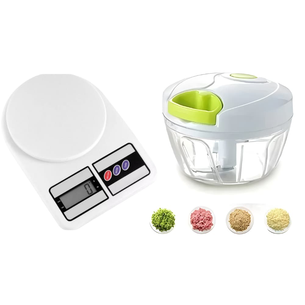 Kit Processador Triturador de Alho Alimentos Manual 3 Lâminas 500ml + Balança de Cozinha até 10kg