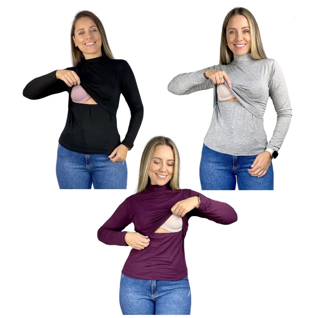 Kit 3 Blusa Amamentação Slim Gola Alta Cores Premium Gestante Amamentar Manga Longa