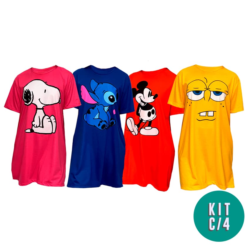 Kit com 4 Camisolas Feminina Desenhos Personagens