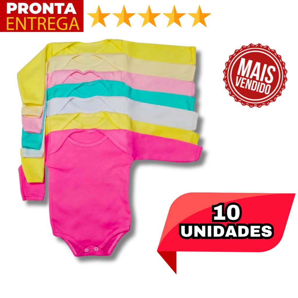 10 Unidades Body De Bebê Manga Longa Infantil Cores Lisas Menino Menina