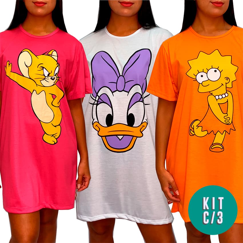 Kit de 3 Camisolas Camisão de Personagem Feminino Desenhos Divertidos Manga Curta Adulto Atacado