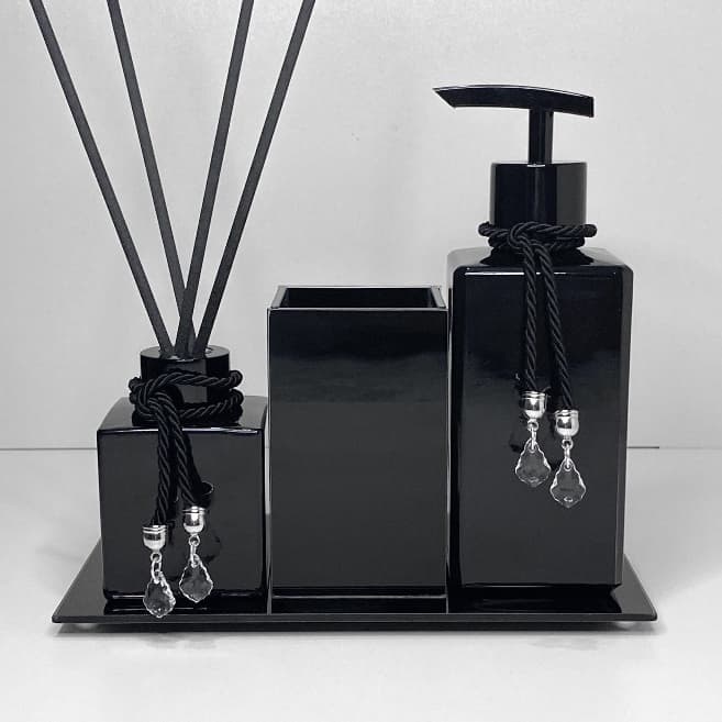 Kit Lavabo Preto Luxo e Moderno Porta Escova Sabonete Aromatizador C/ Bandeja