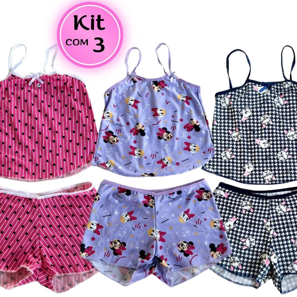 KIT com 03 Pijamas INFANTIL estampado Baby Doll para Criança Beibidoll Bebidoll Shortdoll para Meninas