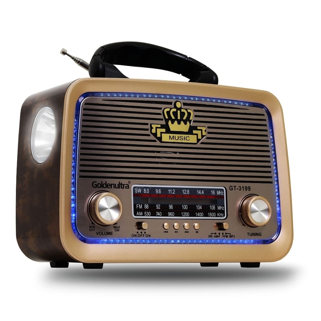 Rádio Retro Portátil Bluetooth Madeira com Lanterna Recarregável Cabo de Força Bivolt 110 / 220