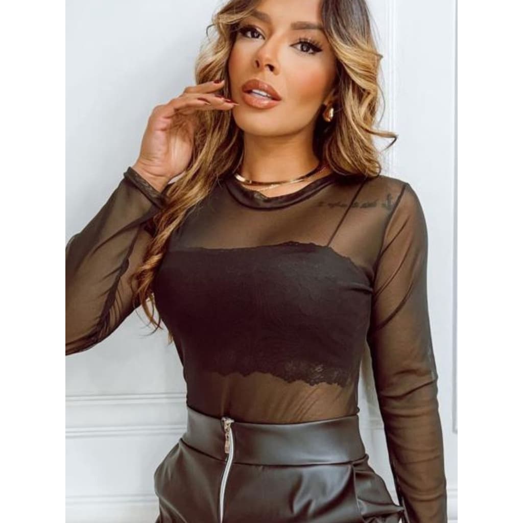 Conjunto Body Tule Transparente e Top Faixa Renda Festa Blogueira Tendência 2026