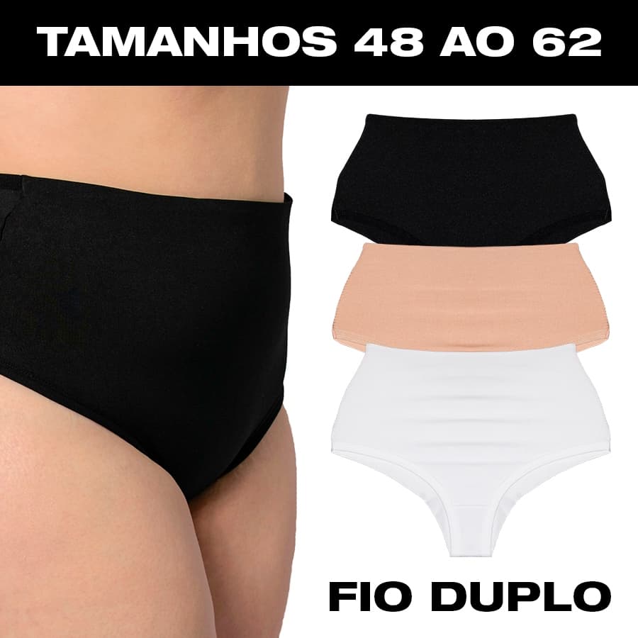 Kit 3 Calcinhas Plus Size Cós Alto Fio Duplo Lingerie Feminina Modeladora Do 48 ao 62 Cintura Alta