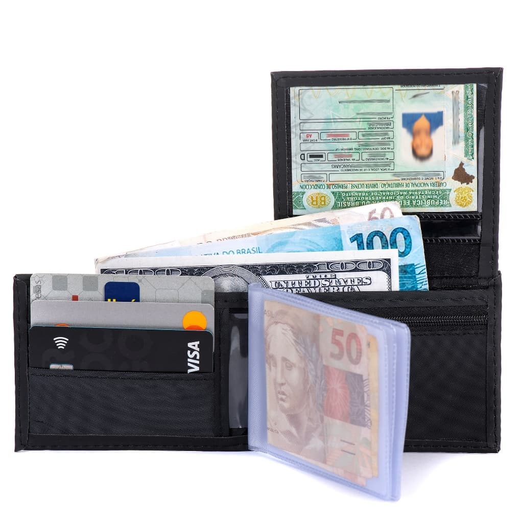 Carteira Masculina premium De Couro Sintético, Modelo L Porta Moedas em zíper Com Plastico removivél