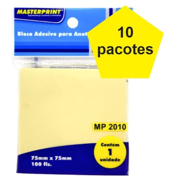 Kit 10 Pacotes de Bloco Adesivo 100 folhas 7,5cm x 7,5cm cada pacote (nota adesiva, lembrete) masterprint