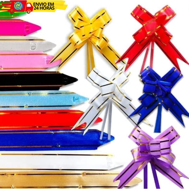 Kit 10 Laços Mágicos De Fita Para Presentes 12mm Com Filete Dourado