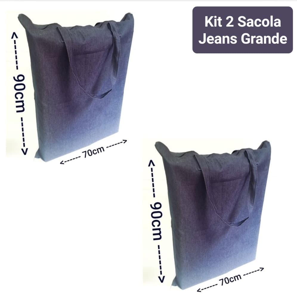 KIT 2 Unidades Bolsa Sacola Sacolão Jeans Extra Grande Sacoleiro Sacoleira Mudança Viagem Reforçada 90x70cm