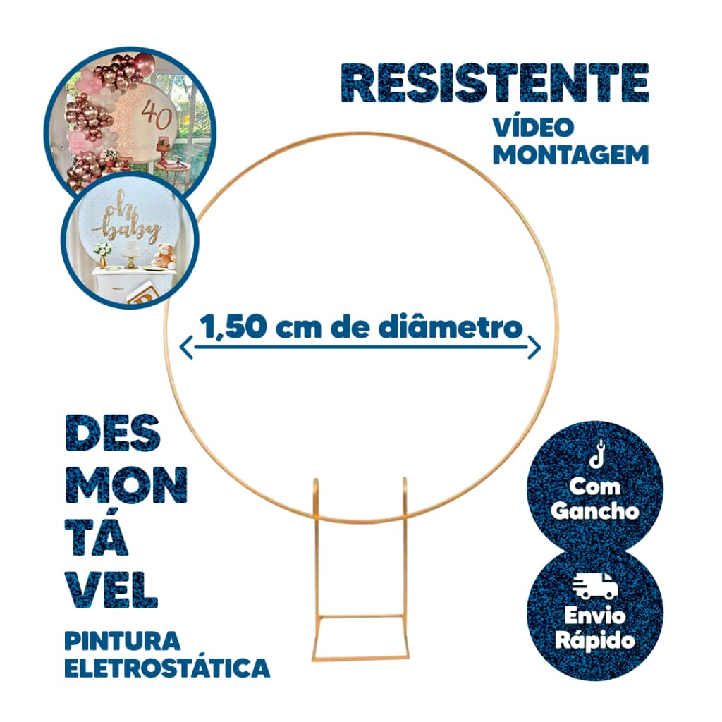 Estrutura Para Painel Arco Redondo Ferro Desmontavel 1,50 Decoração De Festas e Eventos Arco Bexigas Regulavel