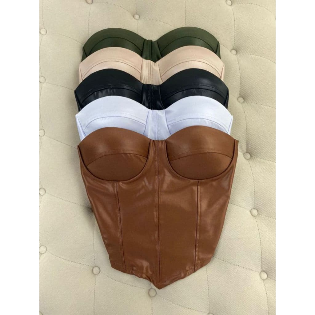 Cropped Feminino Couro Fake Corset Tomara Que Caia Preto Crooped Corselet Cirre Com Bojo Country Rodeio