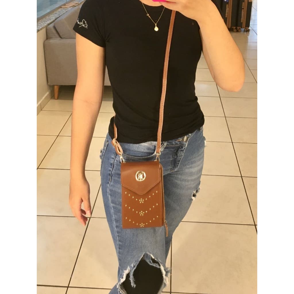 Carteira grande transversal/tira colo porta celular espaçosa/repartições/duas alças com regulagem