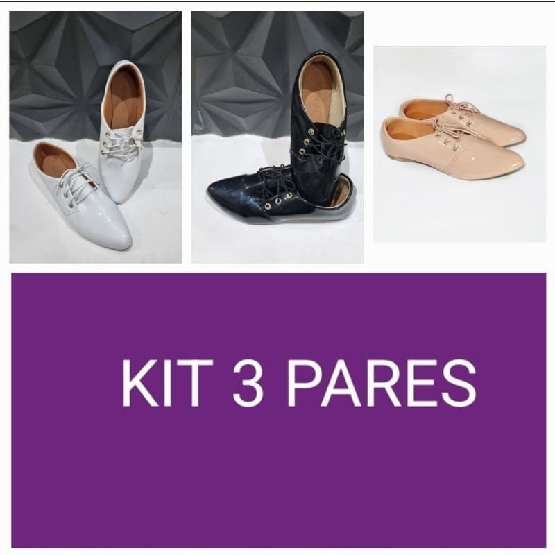 TÊNIS OXFORD HELENA FEMININO BICO FINO MODA CASUAL DIA A DIA KIT 3 PARES