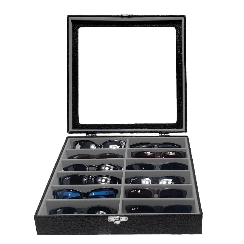 Maleta Caixa Estojo Organizador 12 Óculos Preto Interno Aveludado Cinza