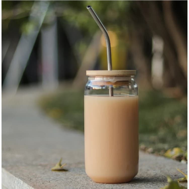 Copo De Vidro 500 ML Com Tampa De Bambu E Canudo 20x15,5x8,5 Resistente De Multiuso Decorativo