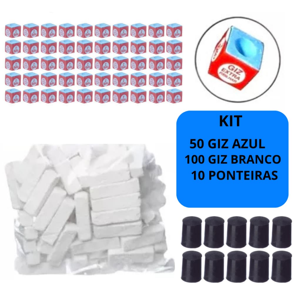 50 Giz Azul + 100 Giz Branco + 10 Ponteiras Virola Rista Kit para Sinuca Bilhar Snooker