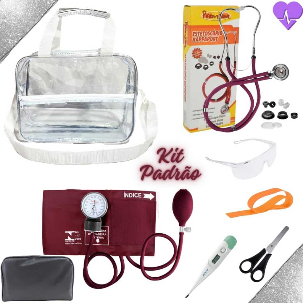Kit Acadêmico de Enfermagem Padrão na Bolsa Toda Transparente - Prateada (8 Itens)