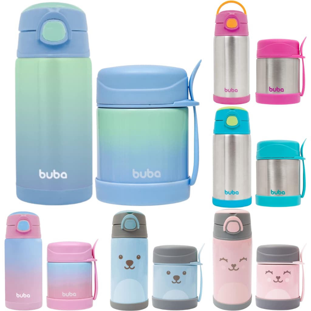 Kit Garrafa + Pote Copo Térmico Buba Para Papinha Frutas Com Colher