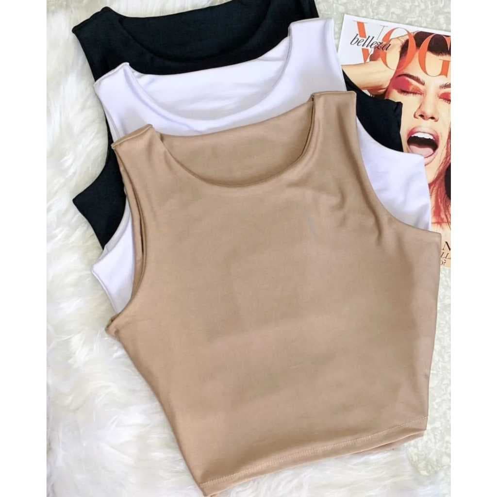 Kit 3 Cropped Feminino Regata Nadador Liso Básico Suplex Com Forro