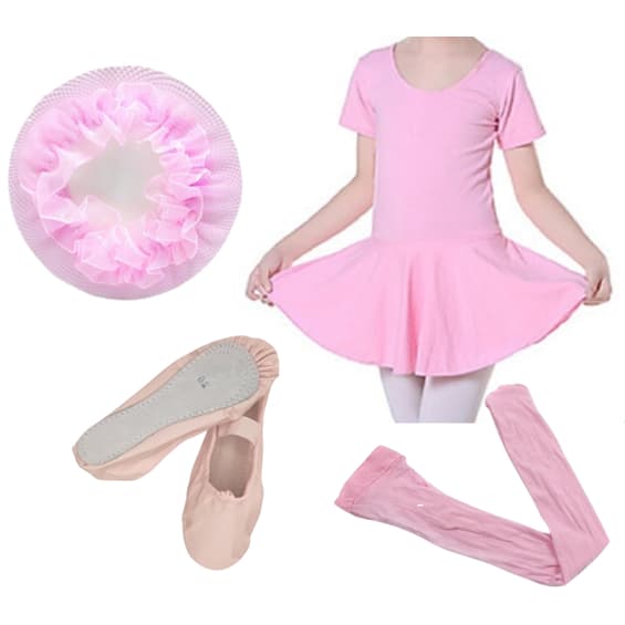 Kit Ballet Infantil 4 Itens Collant Saia Embutida Rosa - Roupa Balé