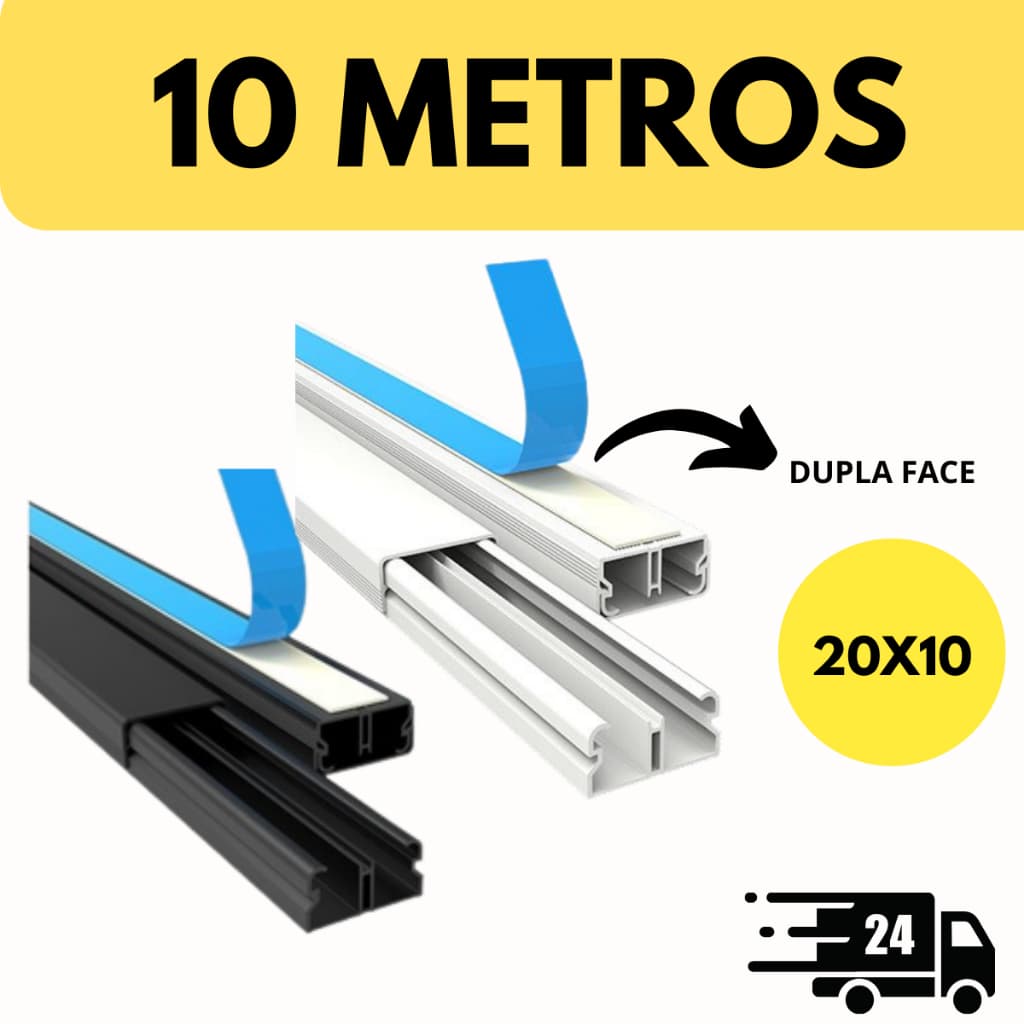 10 Metros Canaleta Organizador de Fios Preta Branca 20x10mm Sistema X Com Fita Adesiva e Divisoria