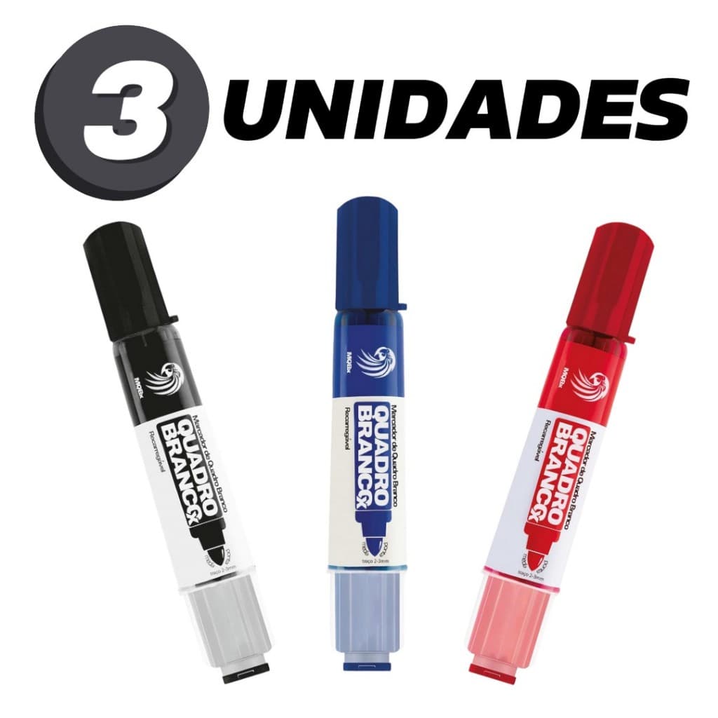 Kit 3 pincéis para quadro branco Recarregável MQBx - NÃO MANCHA O QUADRO!