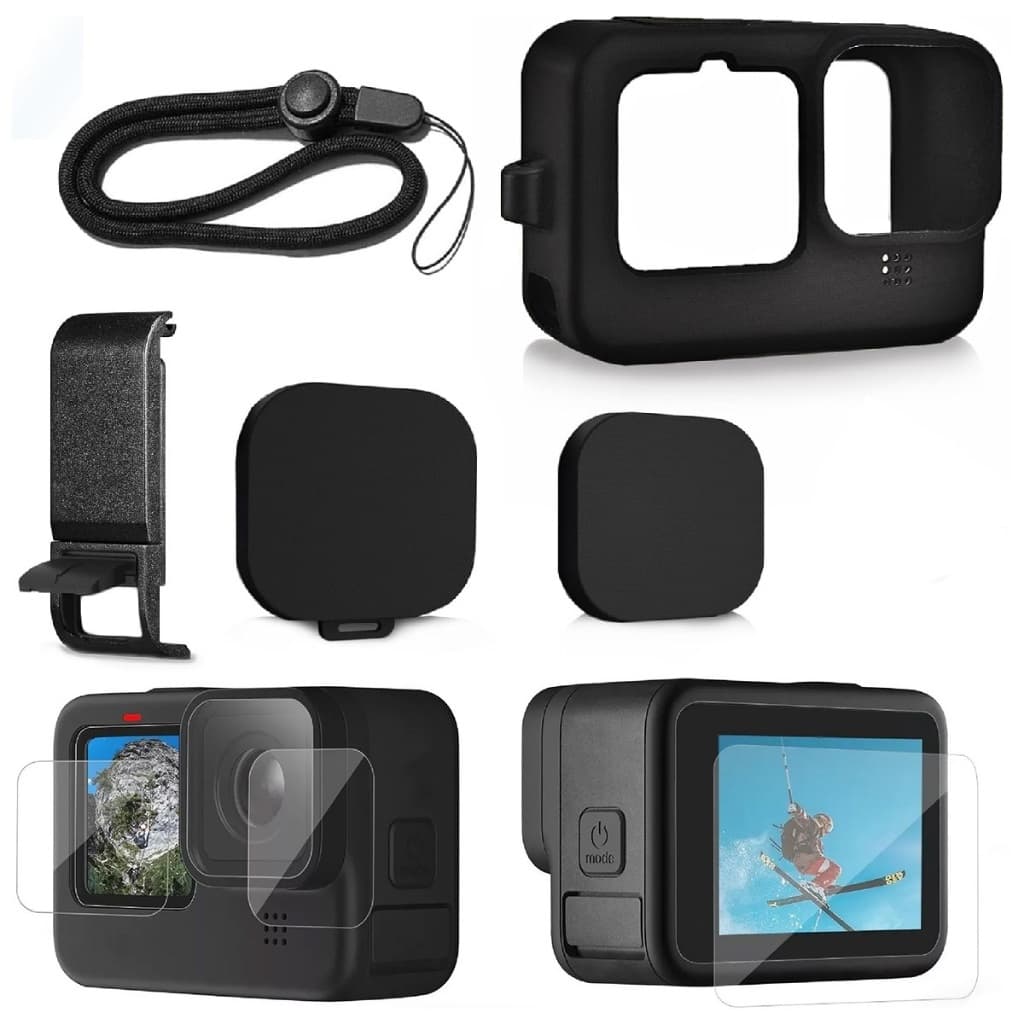 Capa de silicone preta para Go Pro Hero 12/Hero 11/Hero 10/Hero 9 Preto, capa lateral de bateria, protetores de tela, tampas de lente e cordão para Go Pro Hero 12/11/10/9 kit de acessórios