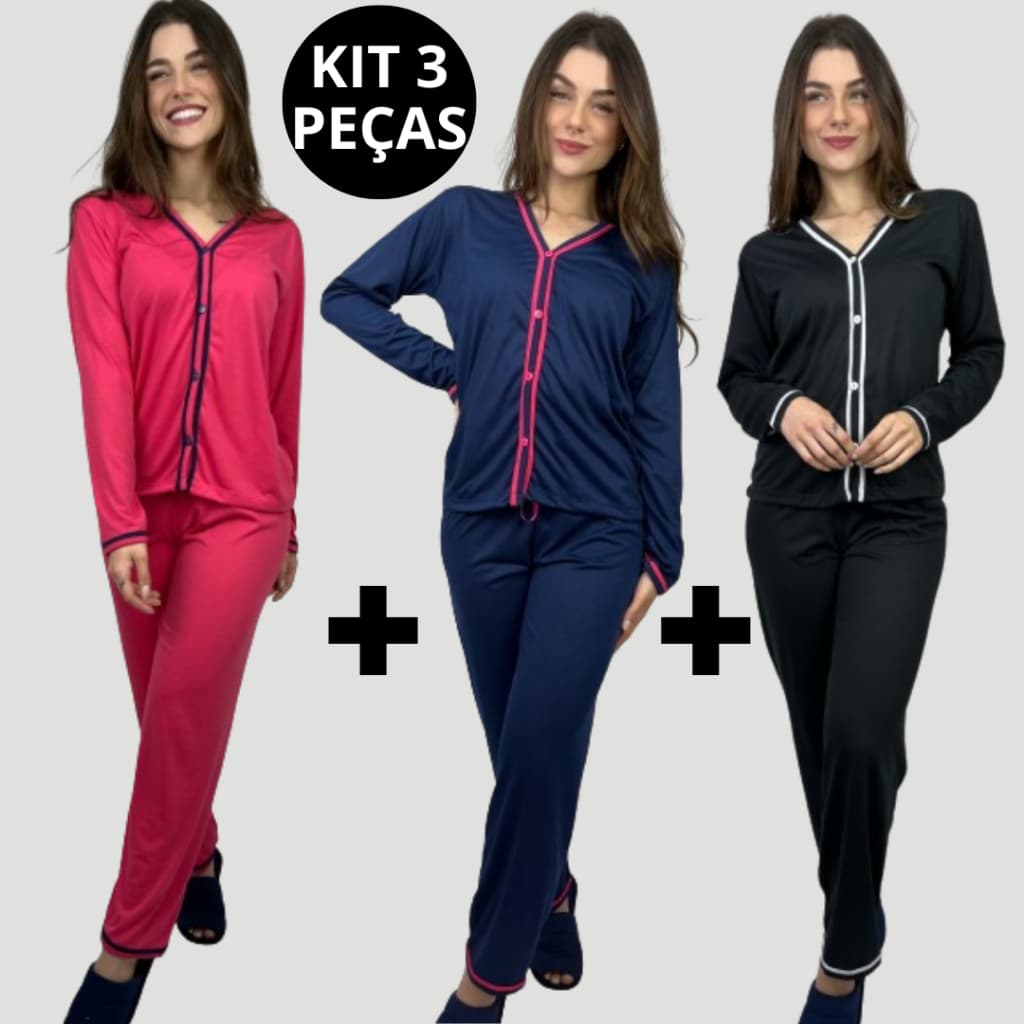 Kit 3 Peças Pijama Longo Inverno Blogueira Malha Botão Amamentação Cirurgico