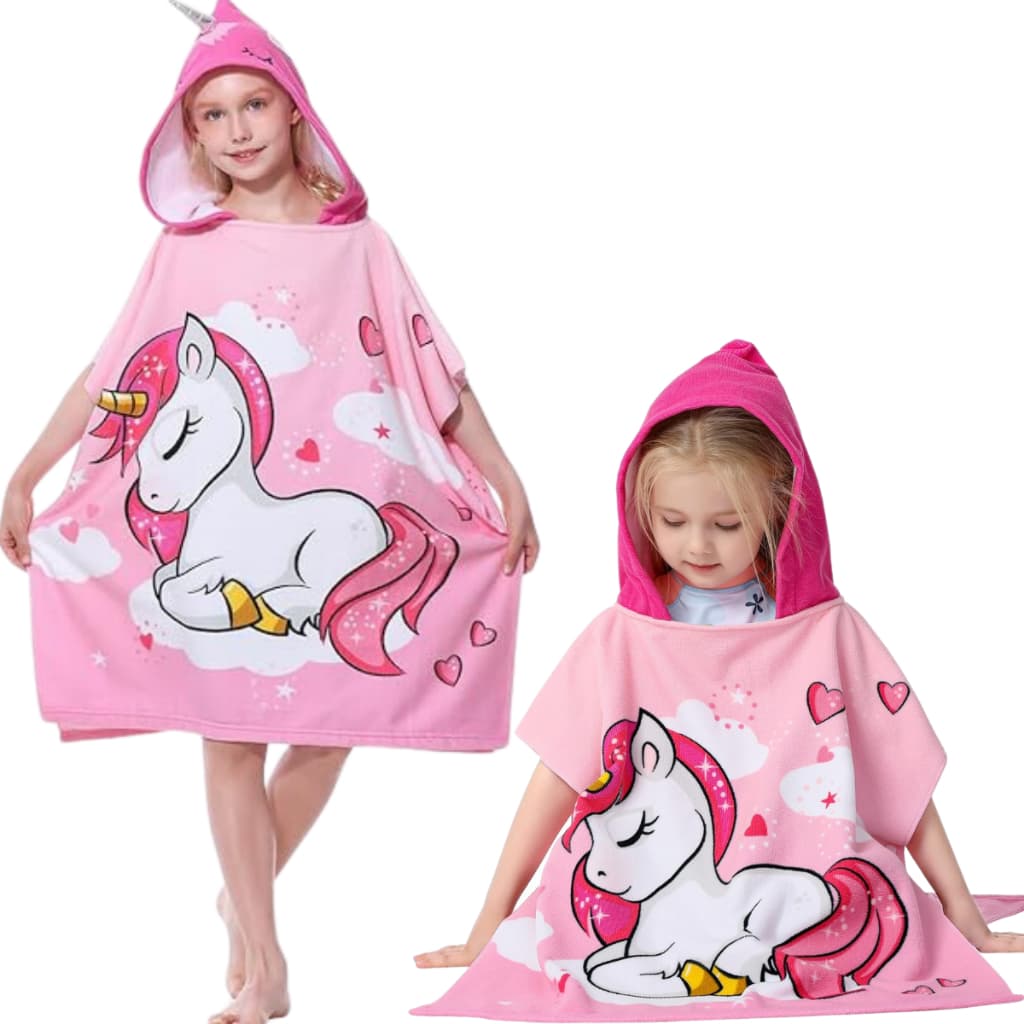 Toalha de Banho com Capuz Menina Poncho Unicórnio Roupão Infantil 2 a 10 anos Personagens Divertido
