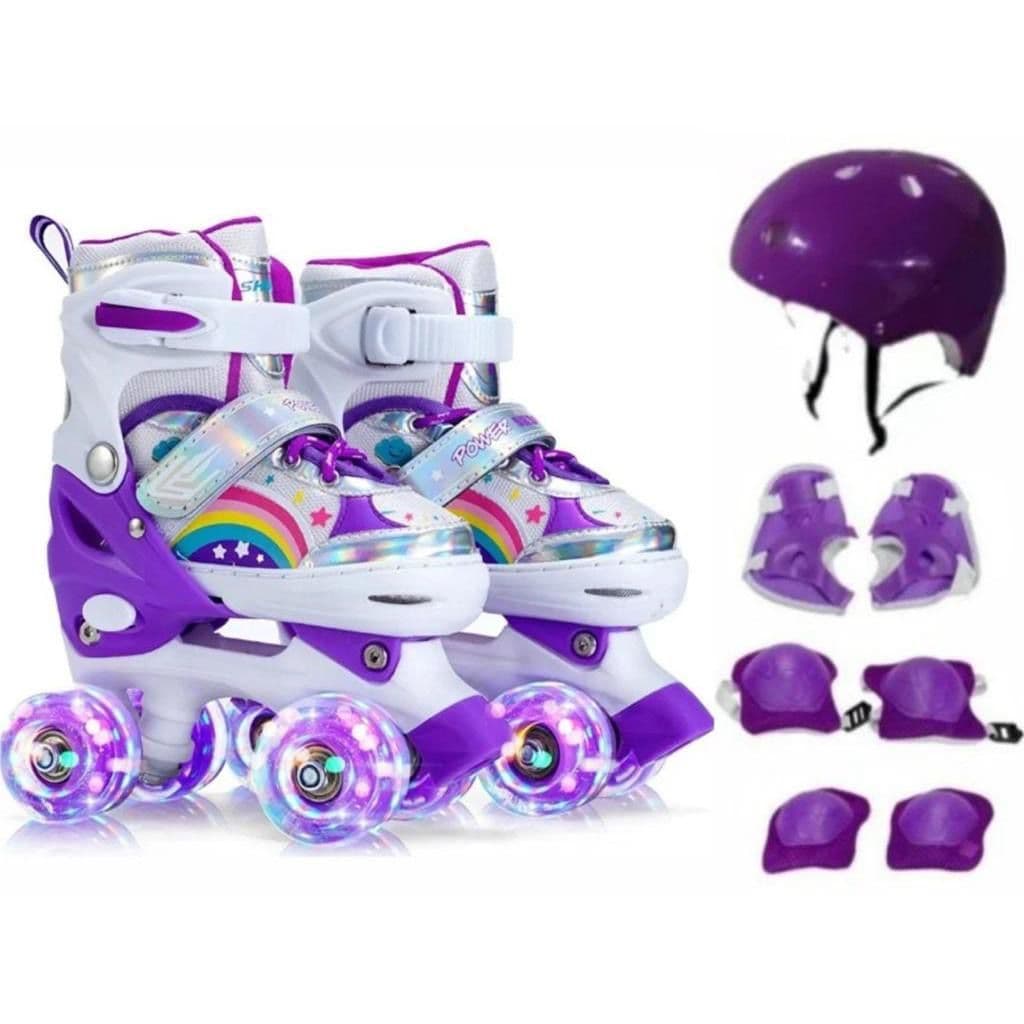 Patins 4 Rodas Infantil Arco Íris Led Tamanho ajustavel + Kit Proteção