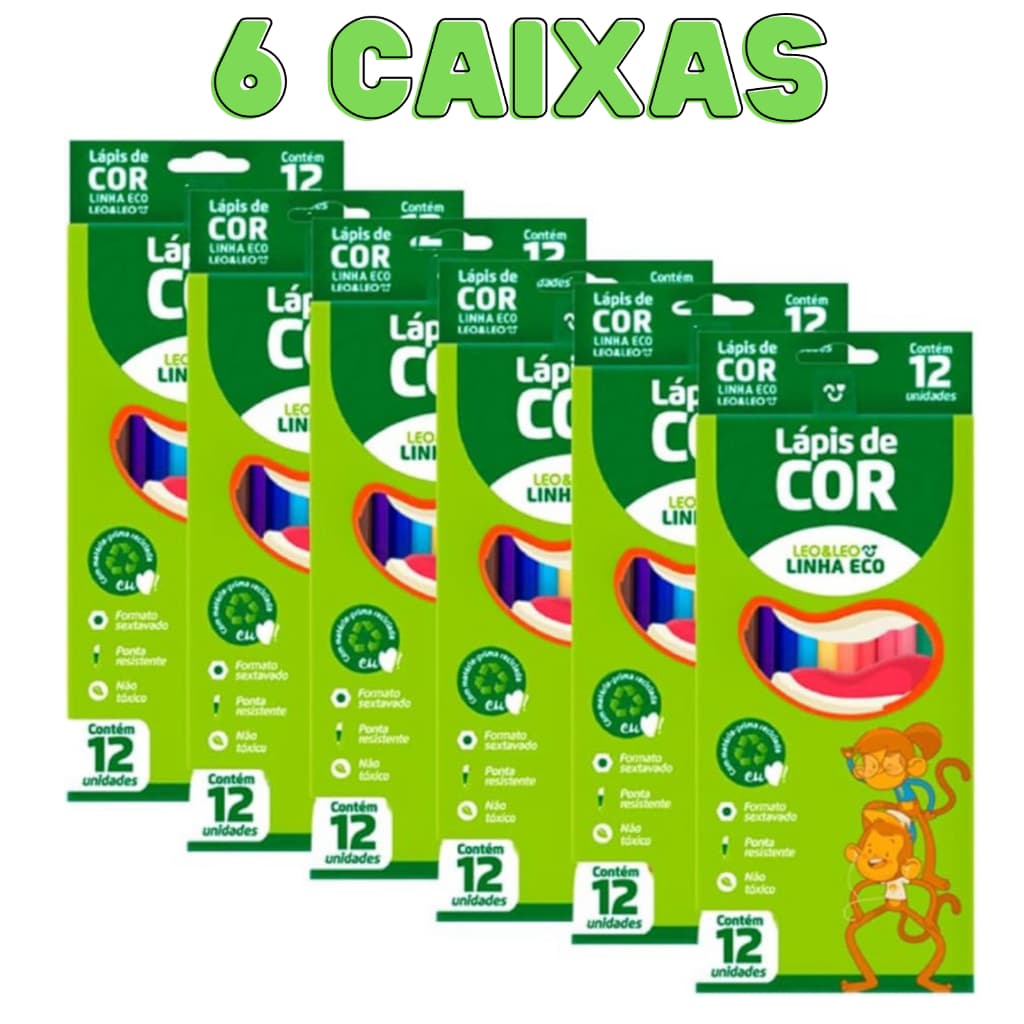 Lápis De Cor 12 Cores Pacote C/ 6 Caixas Lápis De Cor Leo e Leo