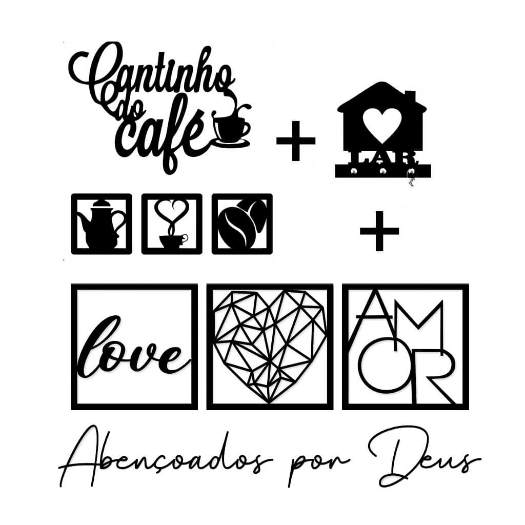 Kit 6 Placas Decorativas + 2 Letreiros Cantinho do Café e Abençoados Por Deus + Porta Chaves Lar
