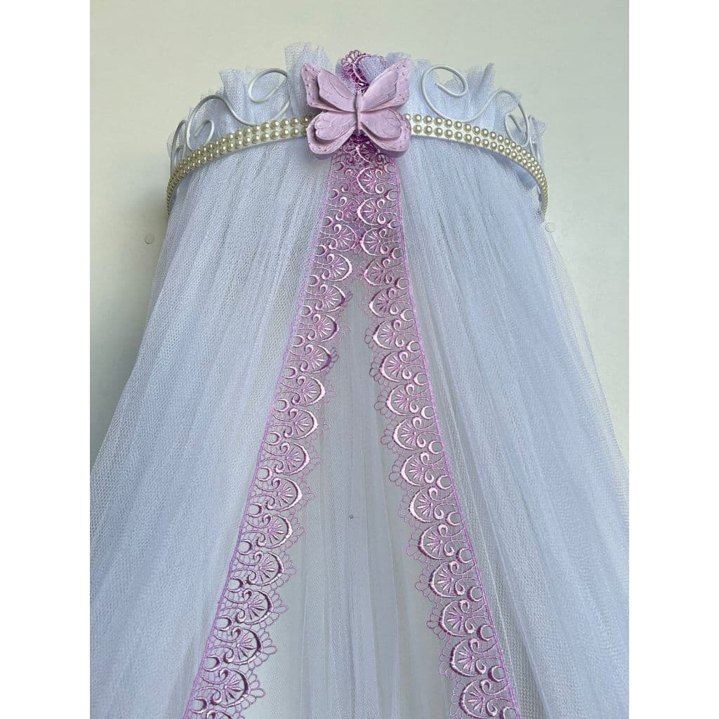 Dossel Borboleta Lilás e Mosquiteiro com Renda Lilás Berço Americano Bebê