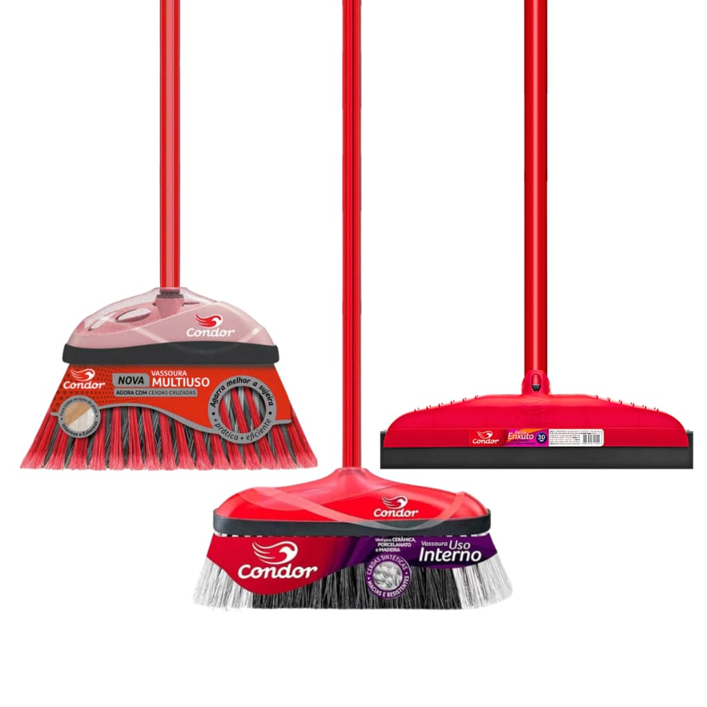 Kit Limpeza Completo 1 Vassoura Interna 1 Vassoura Externa 1 Rodo 30cm Com Cabo Qualidade Condor