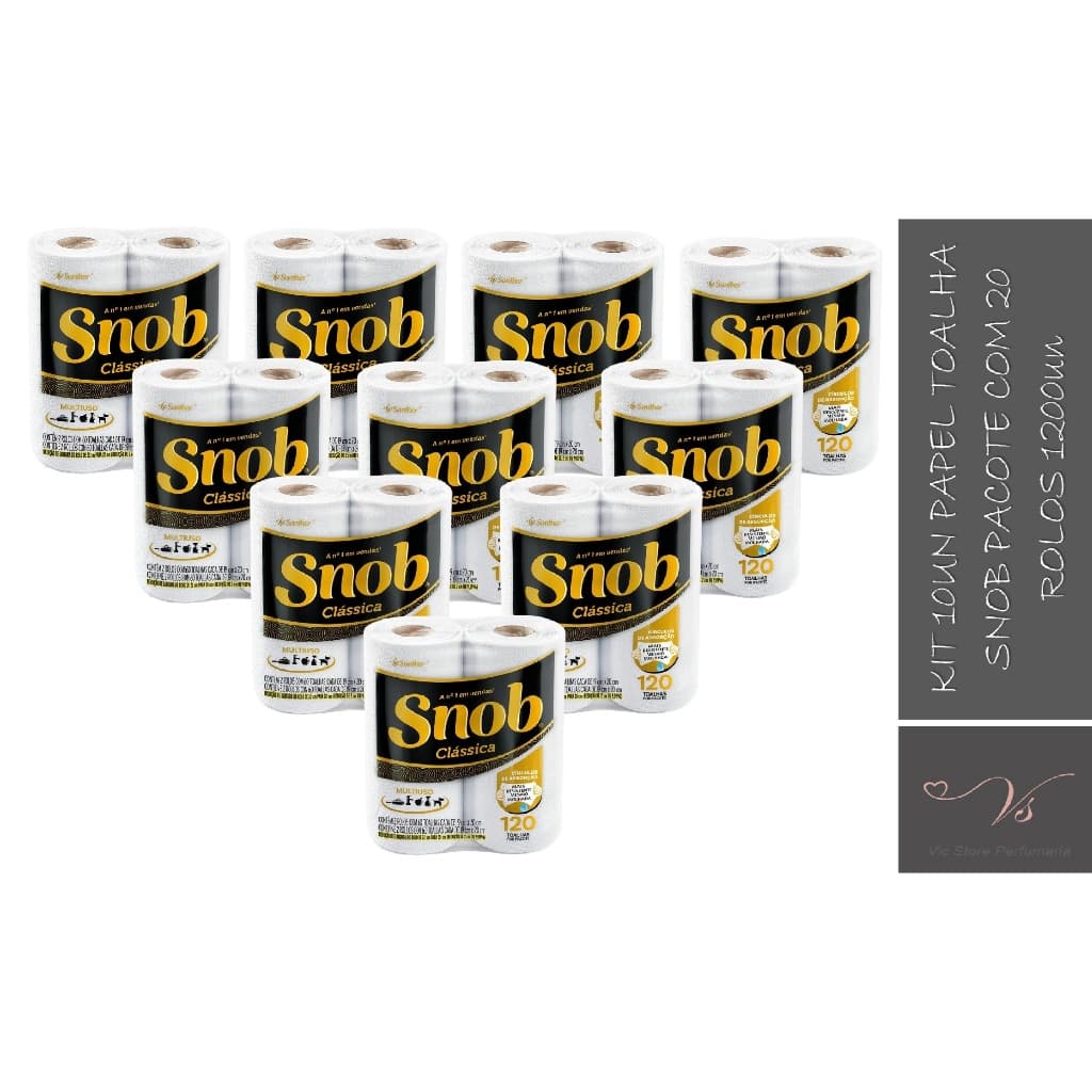 Kit 10un Papel Toalha Folha Dupla Snob Clássica 19cm x 20cm - Pacote 2 Unidades com 60 Folhas Cada (1200un)