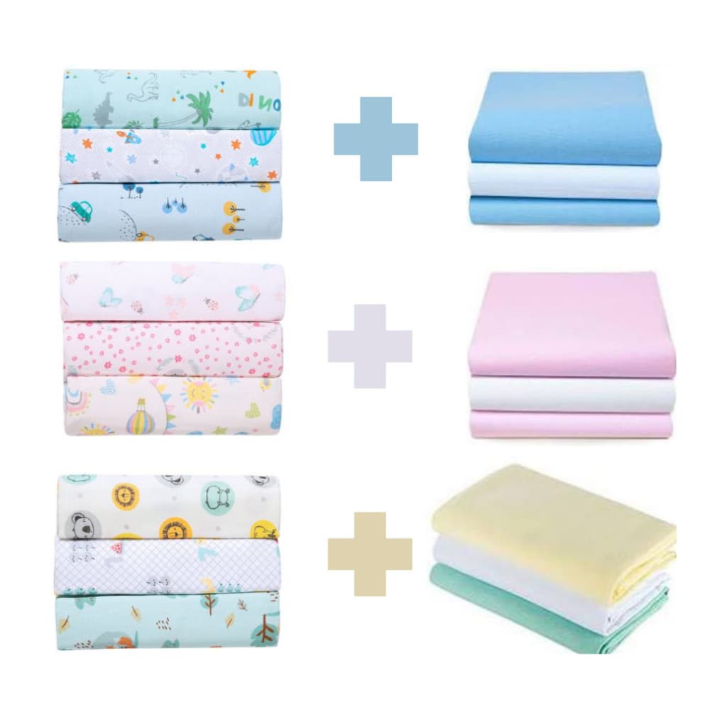 Kit 6 Cueiros Bebê Flanelado 3 Estampados e 3 Lisos