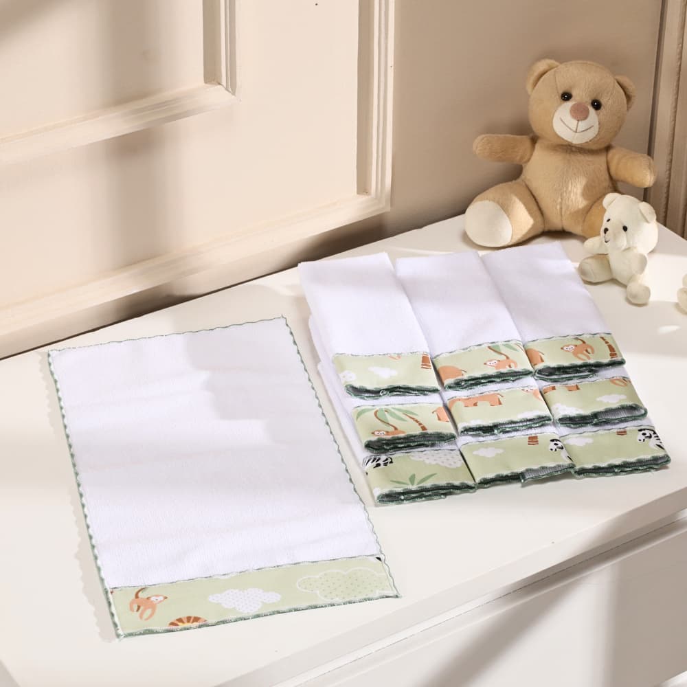 Kit 10 Toalha de Ombro Babete Pano Boca Paninho Felpudo Tecido Estampado 100% Algodão Safari Verde