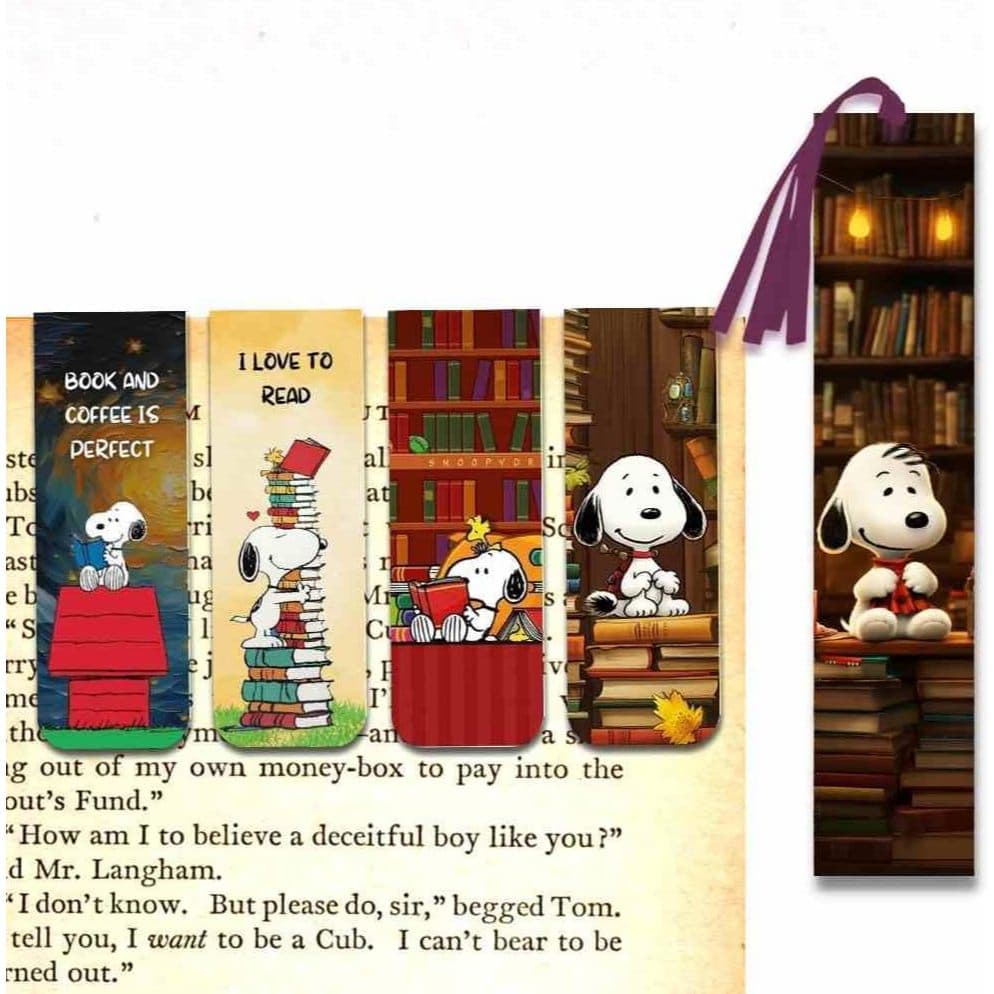 Kit 5 Marcadores de Página - 4 Magnéticos e 1 Marcador Slim Com fitinha - Snoopy ama Livros
