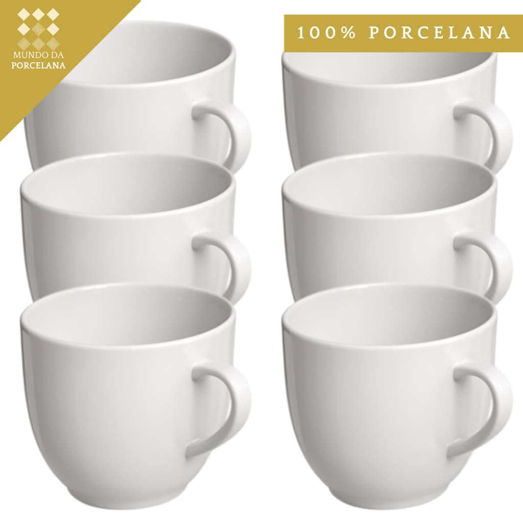 Jogo 6 Xicara Café Chá Porcelana Branca 170ml - Mundo da Porcelana