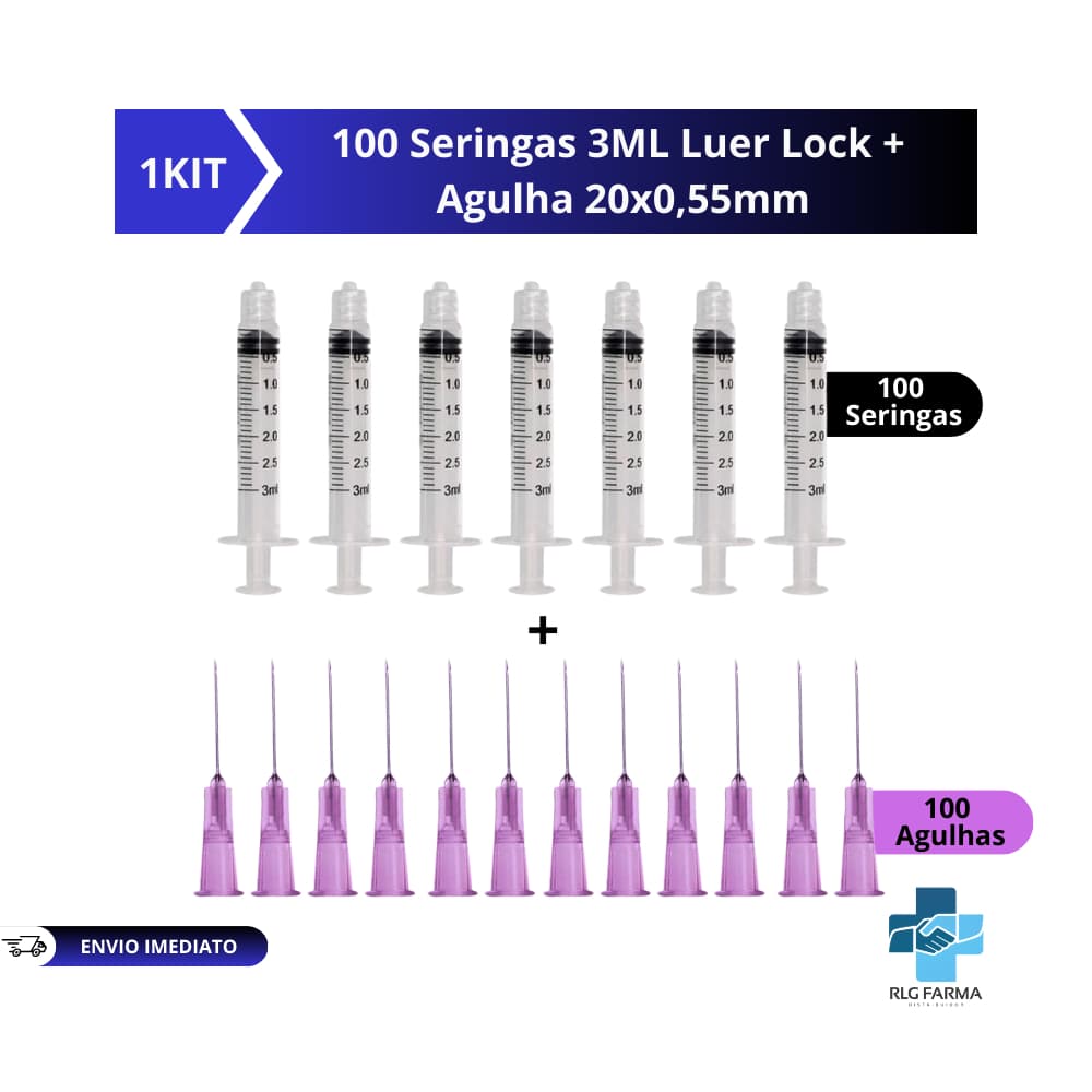 Seringas 3ml Bico Luer lock Rosca + Agulhas 20x0,55 Kit com 100 cada