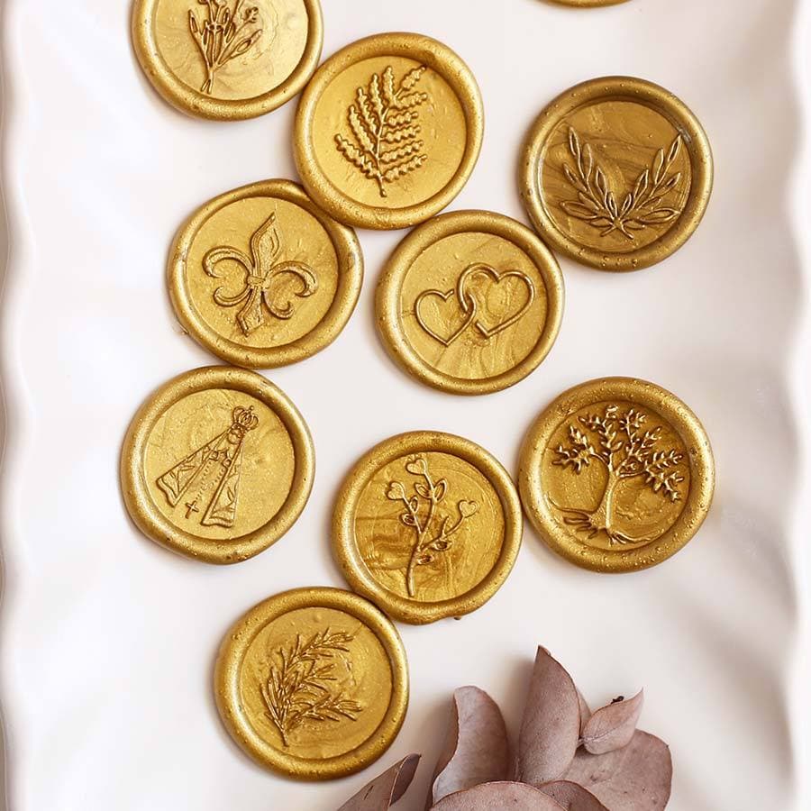 50 Lacre de cera Dourado Pronta Entrega c/ dupla face - escolha o desenho