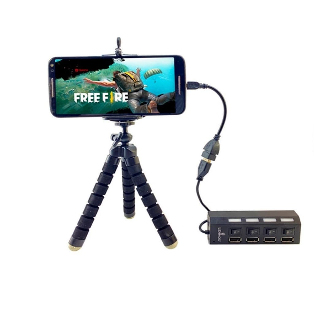 Kit Mobilador Hub 4 Portas Usb Para Celular Cabo Otg Tipo C + Suporte Tripé Adaptador Teclado Mouse