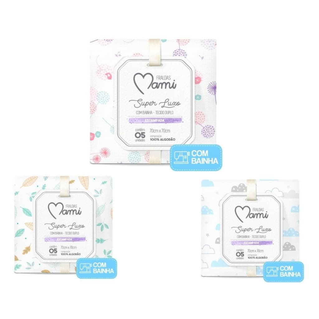 FRALDA C/ BAINHA TECIDO DUPLO SUPER LUXO 70cm x 70cm - 100% Algodão Mami 5 Unidades