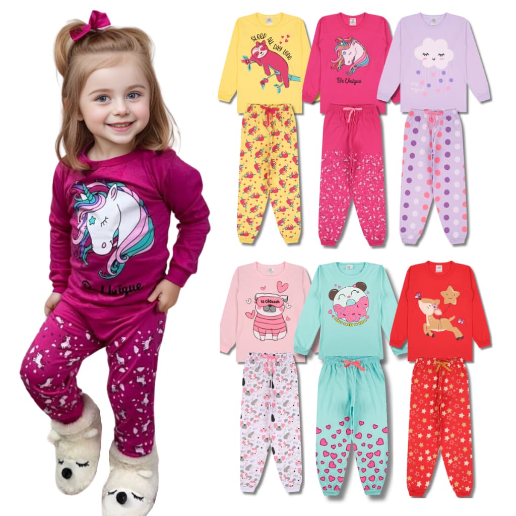 Kit 4 Peças Pijama Infantil Menina Manga Comprida Tamanho 1 ao 10