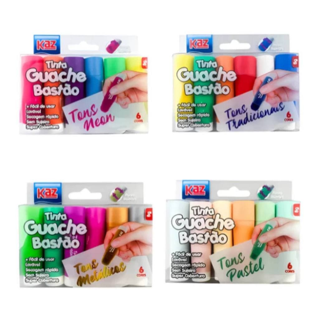 Tinta Guache em Bastão 6 Cores Escolar - 4 Tons Diferentes KAZ
