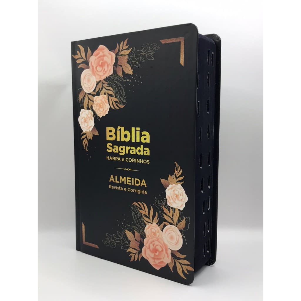 Bíblia Sagrada Tamanho Médio 12,5x19 cm Com Harpa palavras de Jesus em vermelho Flores Rosé